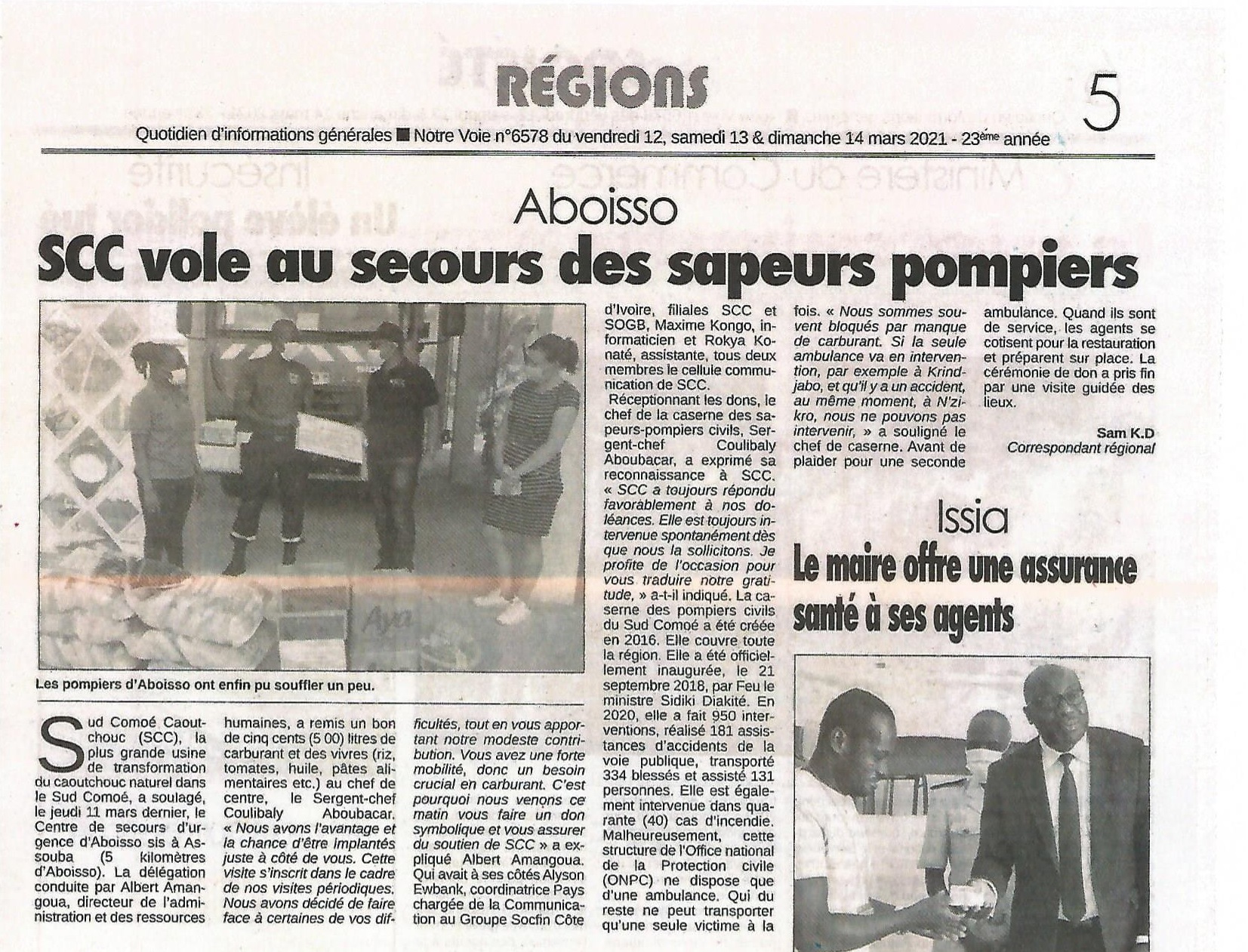 La SCC fait des dons aux Sapeur Pompiers d'Aboisso