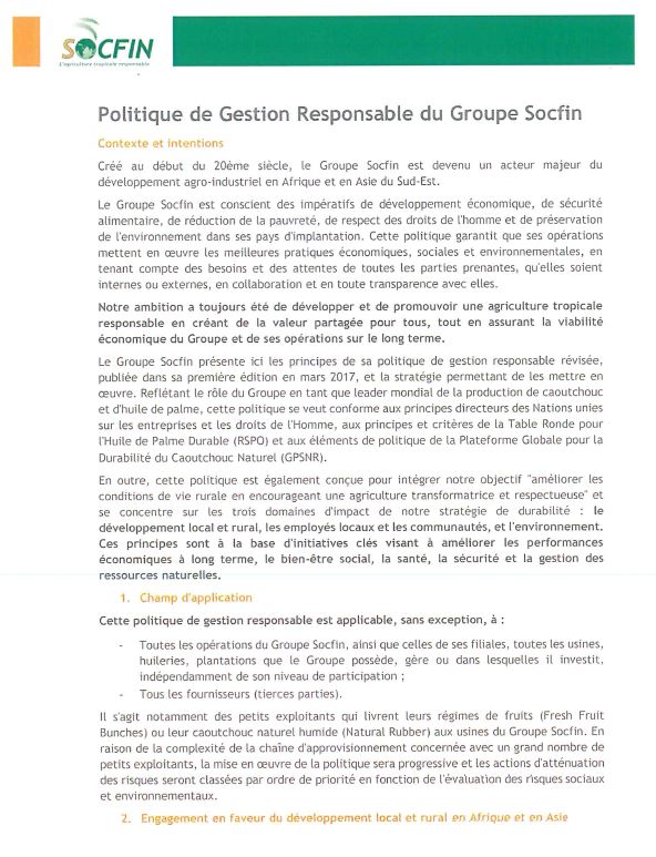 POLITIQUE DE GESTION RESPONSABLE DU GROUPE SOCFIN