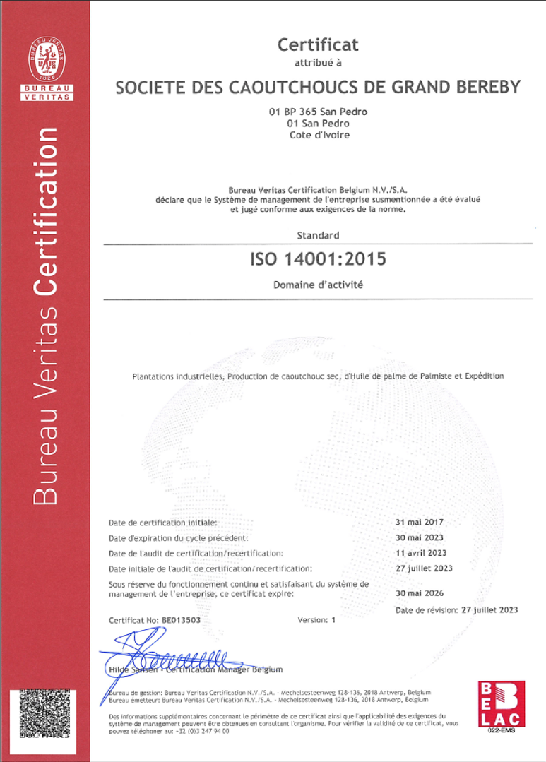 CERTIFICATION SOGB - ISO 14001:2015