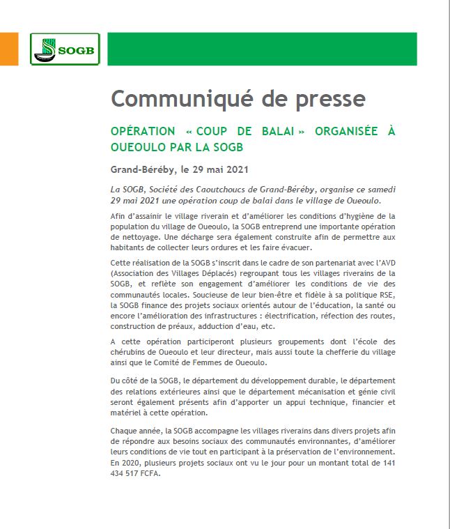 Opération coup de balai à Oueoulo - AVD-SOGB