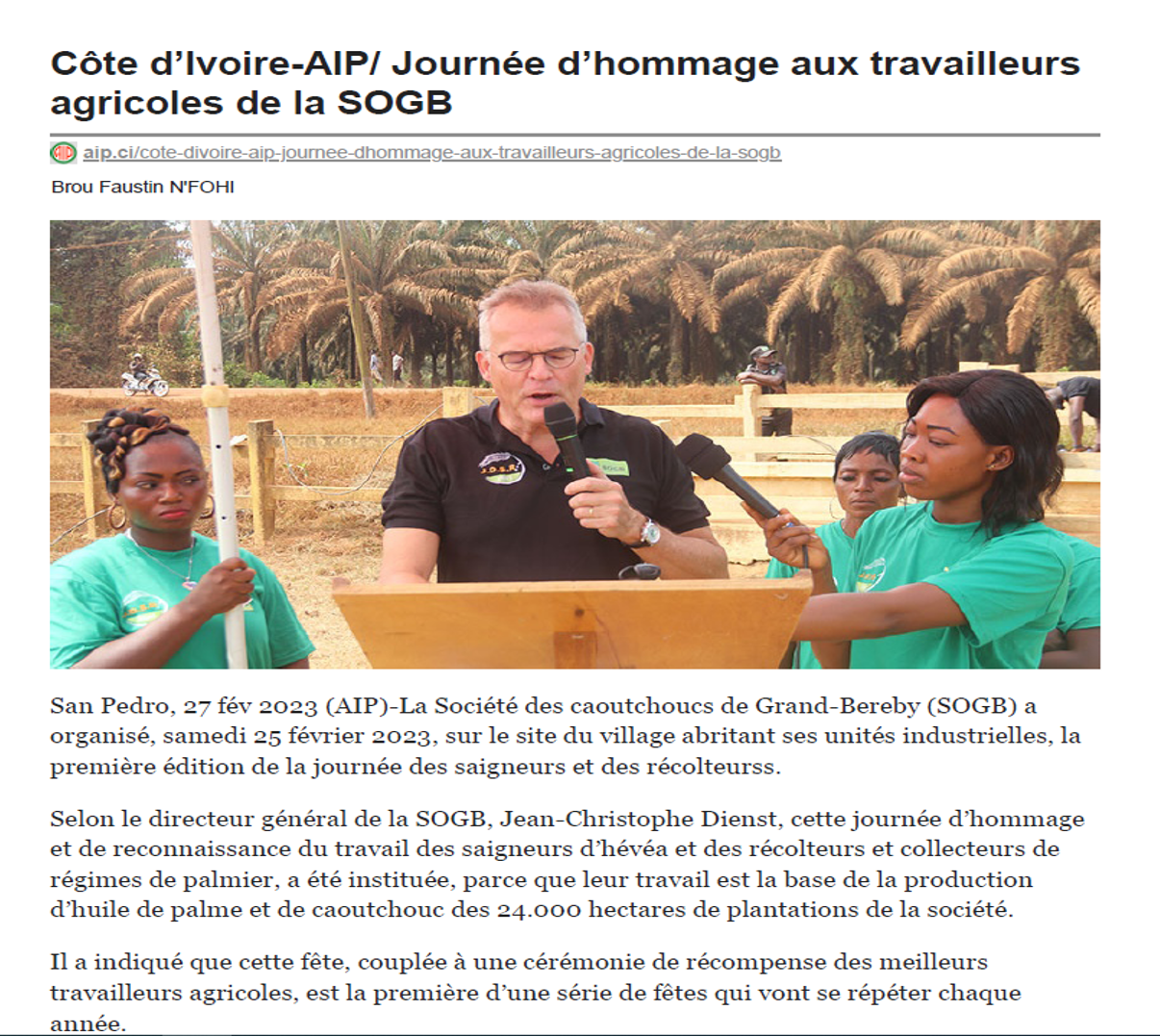 Côte d’Ivoire-AIP/ Journée d’hommage aux travailleursagricoles de la SOGB