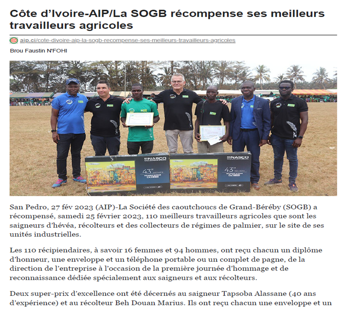 Côte d’Ivoire-AIP/La SOGB récompense ses meilleurs travailleurs agricoles