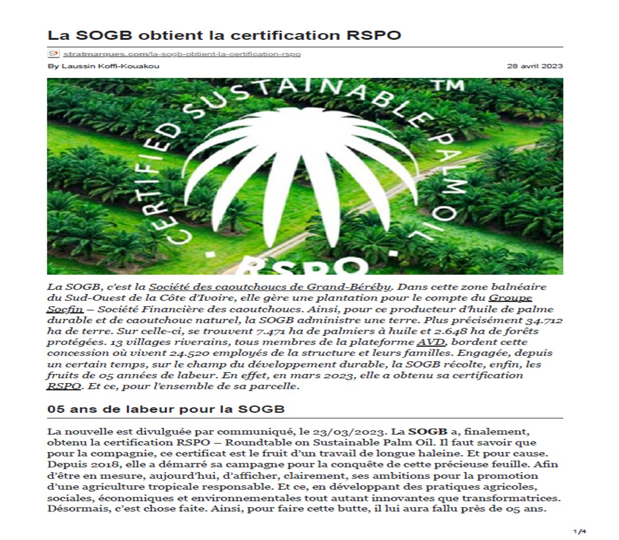 stratmarques.com-La SOGB obtient la certification RSPO